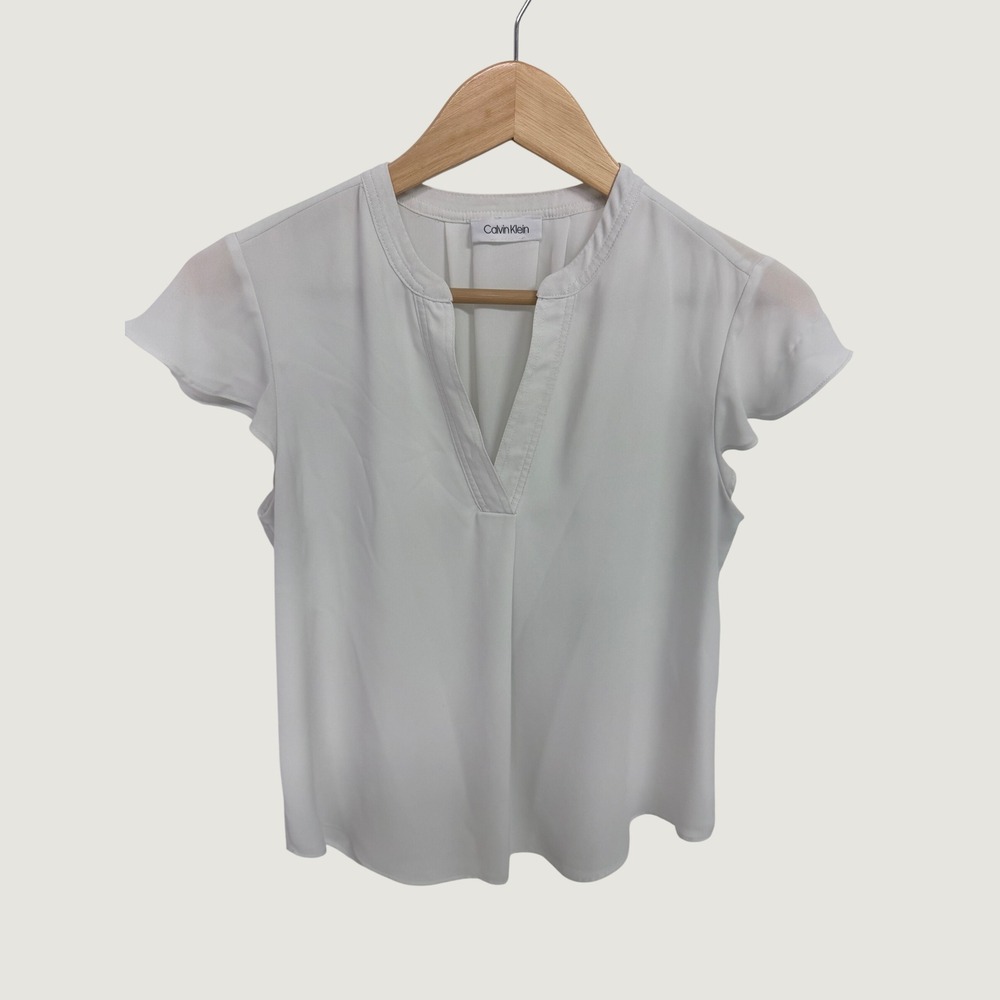 Calvin Klein White Flutter Sleeve Split V-Neck Chiffon Blouse Top RN 54163